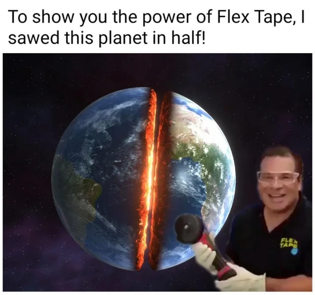 Phil Swift applying Flex Tape to planet he has sawed in half.