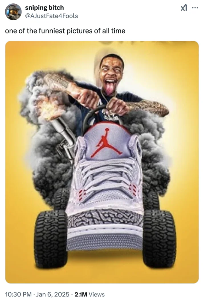 Flight Driving a Shoe — Tweet by AJustFate4Fools calling the shoe-driving image one of the funniest pictures of all time