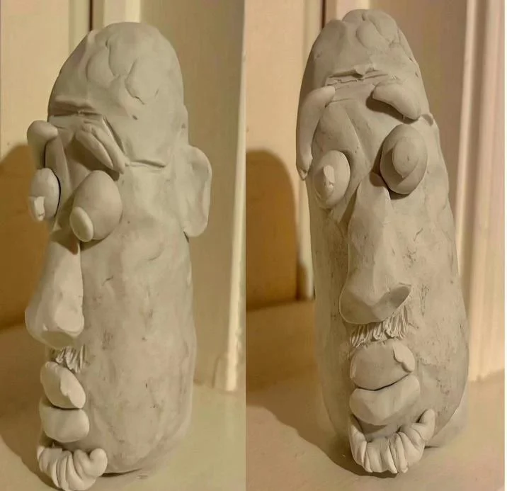 Clay sculpture interpretation of Flight Pattern Recognition meme with two face sculptures