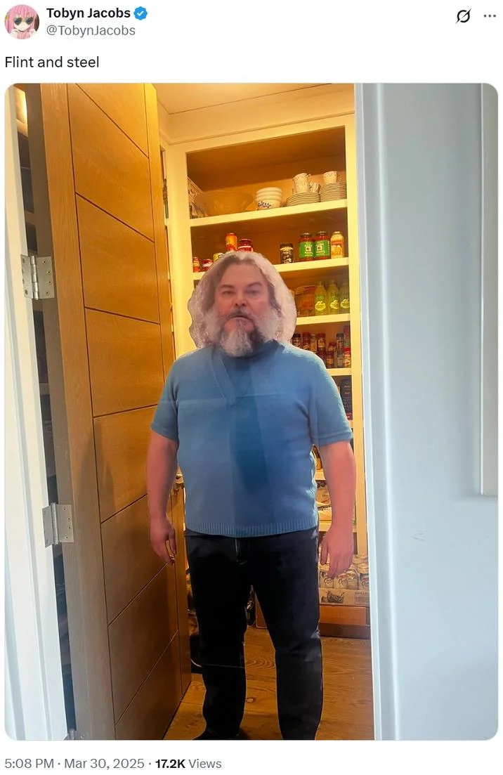 Flint And Steel / Minecraft Movie — Twitter post captioned 'Flint and steel' with bearded person at doorway.