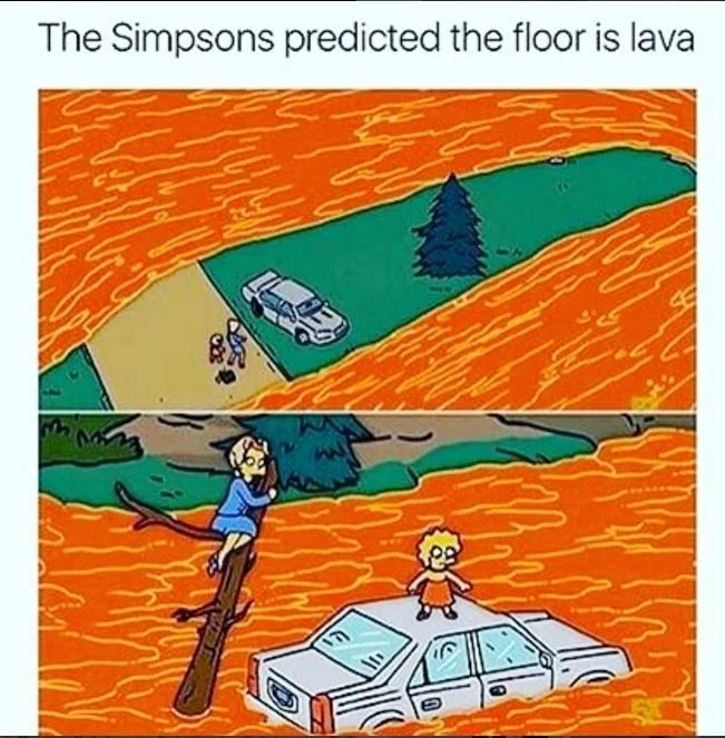 Floor Is Lava — Simpsons scene showing characters elevated on furniture avoiding orange lava floor.