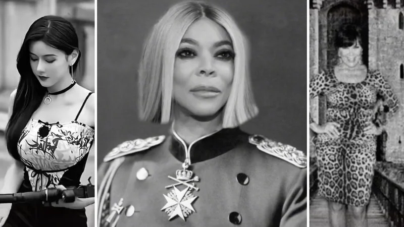 Floptok Floptropica — Black-and-white collage of three FlopTok figures including Wendy Williams in military uniform