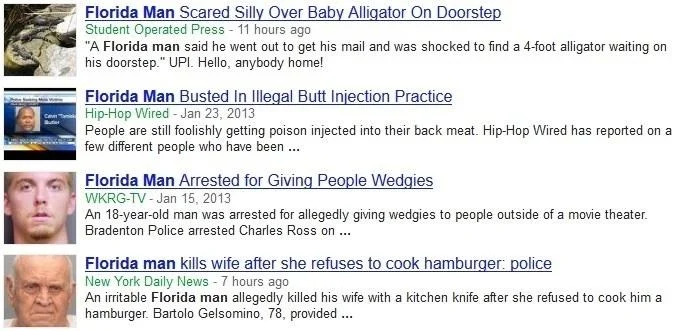 Multiple Florida Man headlines aggregated in news feed format.