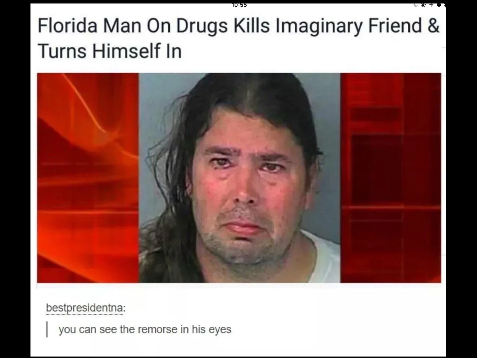 Florida Man headline with mugshot and red background Tumblr notes.