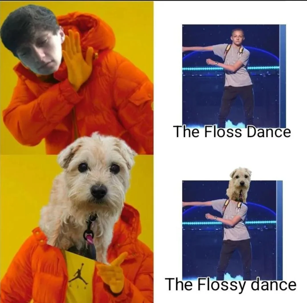 Collage-style meme combining Drake approval format with floss dance images and text labels.