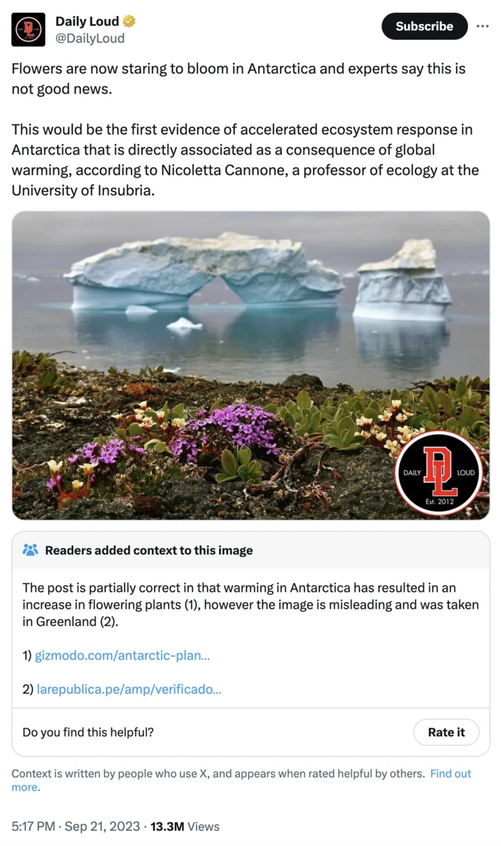 Flowers Are Blooming In Antarctica — Twitter screenshot of Daily Loud post about Antarctic flowers with community note correction