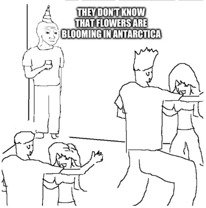 Two-panel wojak doomer meme with identical caption 'The flowers are blooming in Antarctica'