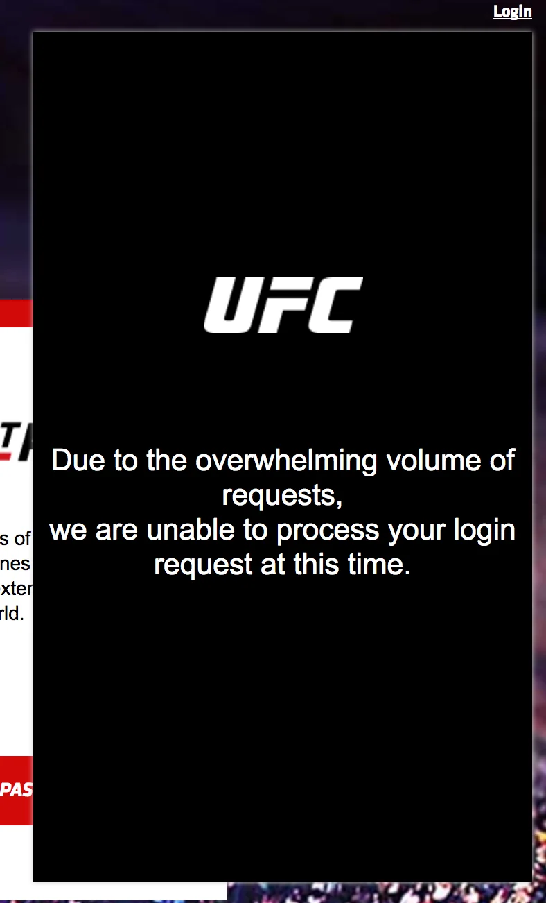 Floyd Mayweather Vs Conor Mcgregor — UFC website error screenshot showing login unavailable due to high traffic volume