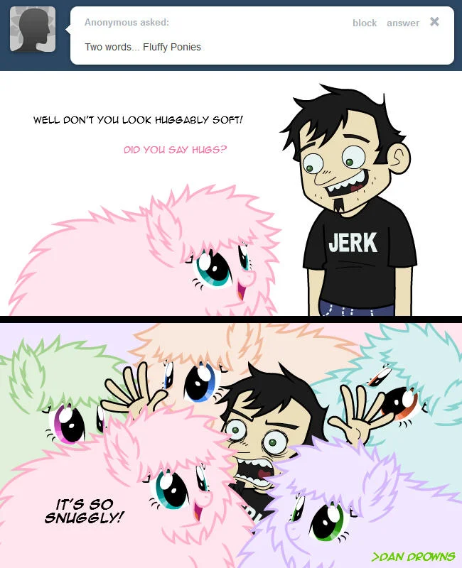 Comic of a man in a JERK shirt being swarmed by fluffy ponies