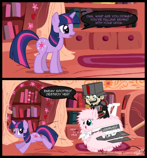 Fluffy Ponies — Comic with Twilight Sparkle and a pink fluffy pony firing a laser
