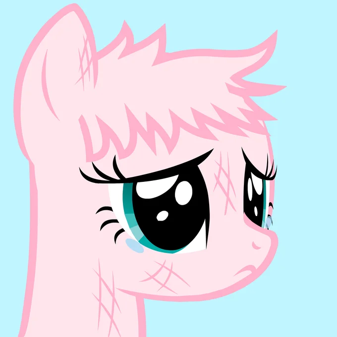 Fluffy Ponies — Scarred pink pony with sad expression on blue background
