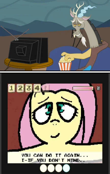 Fluttercry — Discord watching TV with popcorn above a DS game screen showing Fluttershy