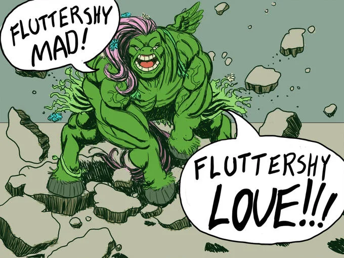 Flutterrage — Hulk-style Fluttershy smashing rocks yelling 'Fluttershy mad! Fluttershy love!'