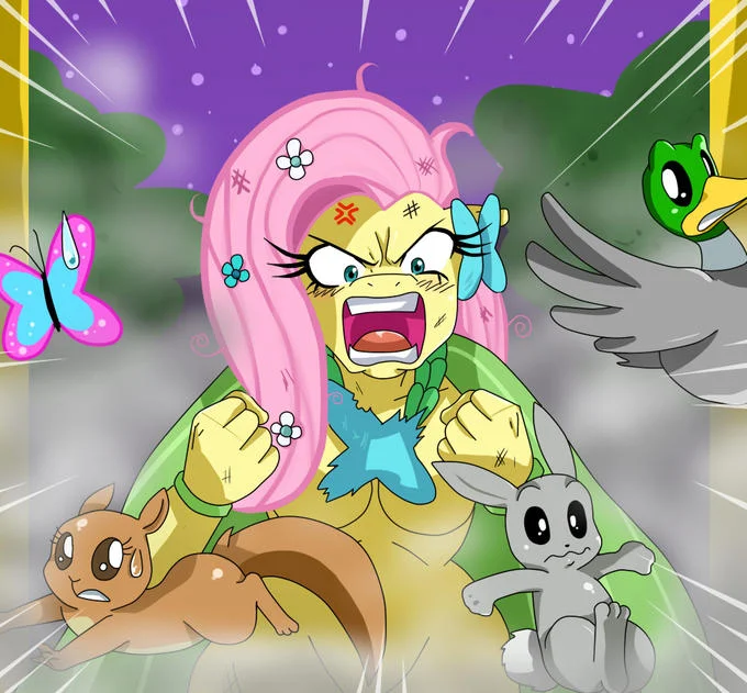 Flutterrage — Enraged Fluttershy with clenched fists as animals flee in terror around her