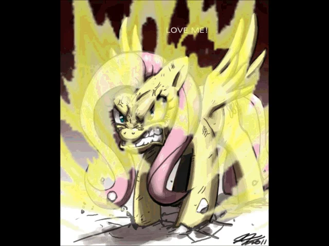 Flutterrage — Fluttershy in Super Saiyan rage form shouting 'Love me!'