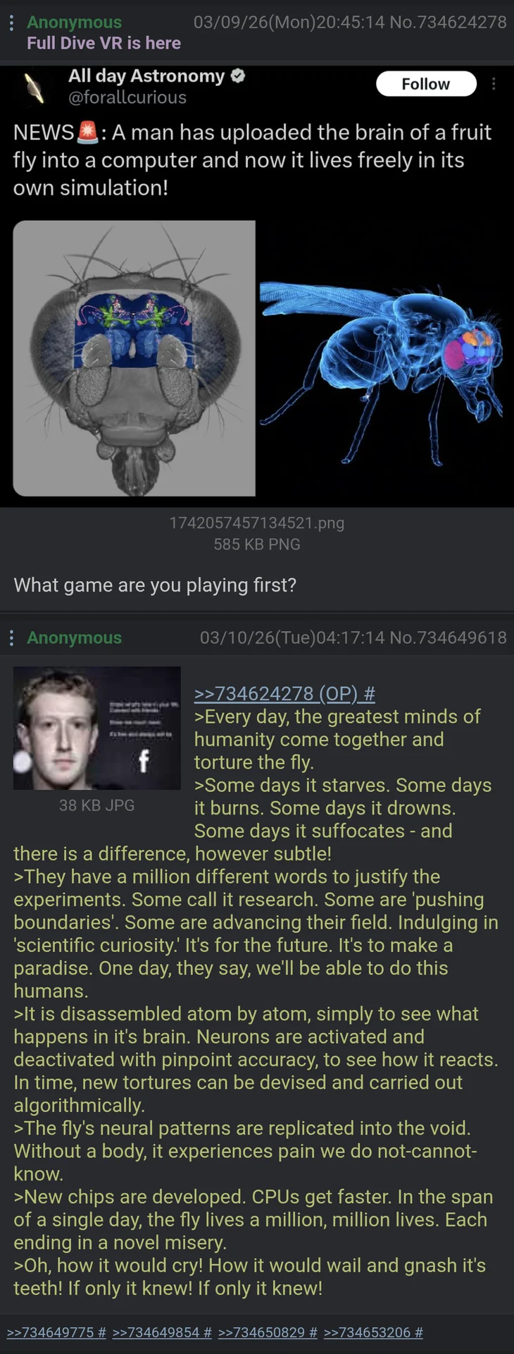 Fly Brain Simulations — 4chan post about the uploaded fruit fly brain simulation with a greentext about torturing the fly