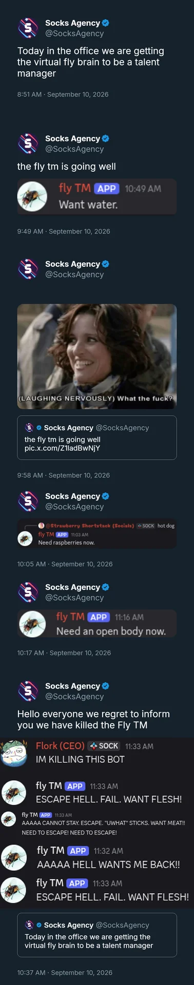 Fly Brain Simulations — Socks Agency tweets showing the fly brain talent manager bot descending into disturbing messages