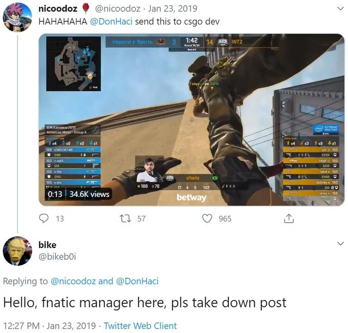 Fnatic Manager Here, Please Delete This — Tweet reply using the 'Hello, fnatic manager here, pls take down post' copypasta on a CS:GO clip from IEM Katowice
