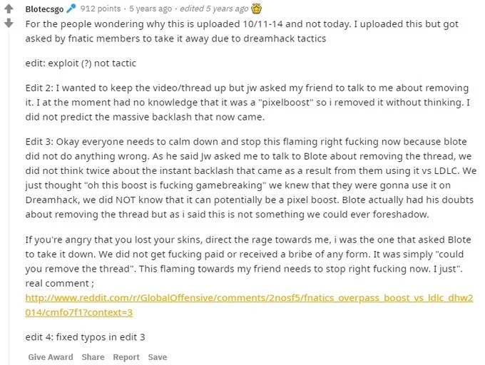 Fnatic Manager Here, Please Delete This — Reddit comment from Blotecsgo describing the Fnatic deletion request and the community's reaction.