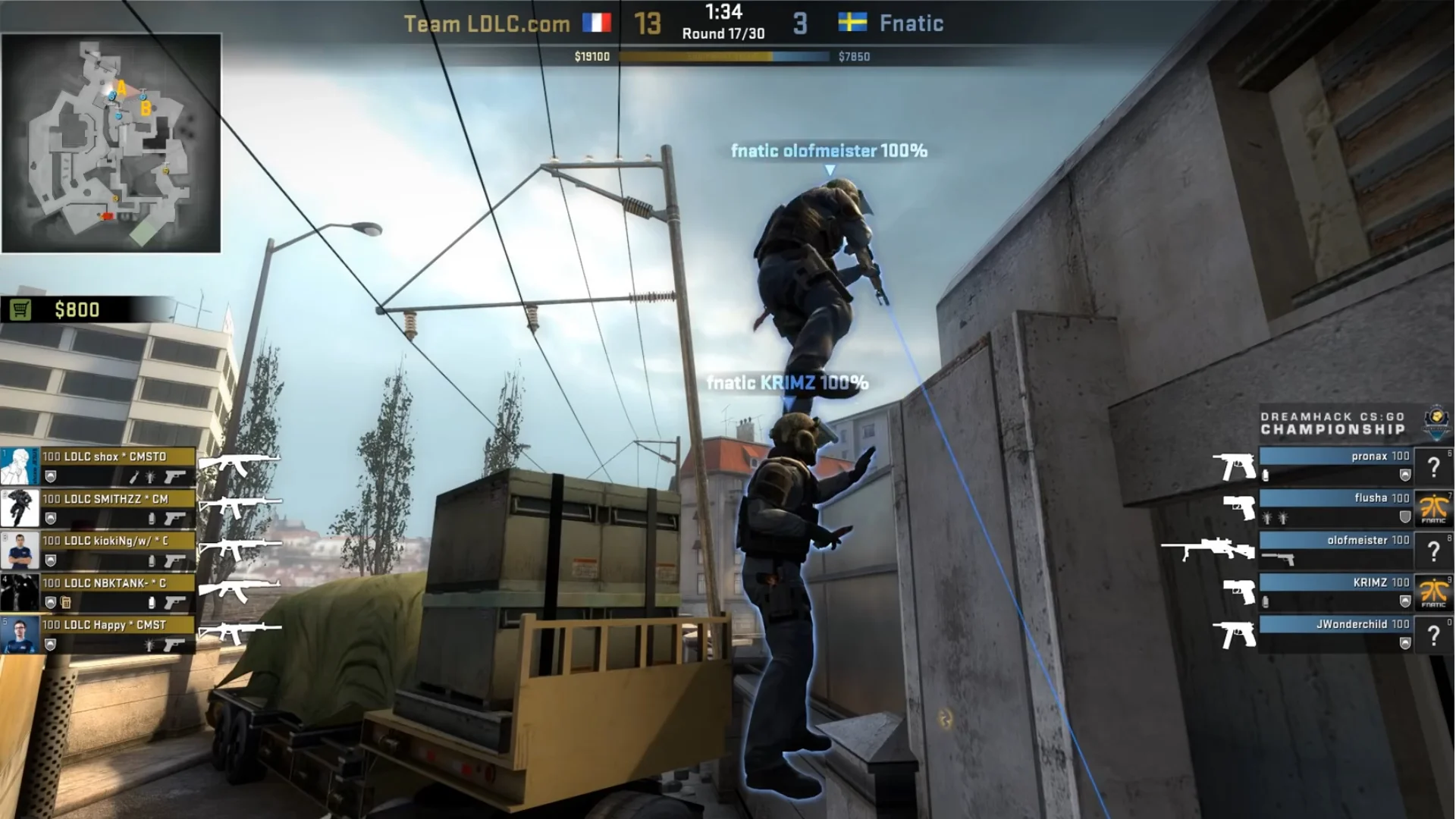 Fnatic Manager Here, Please Delete This — CS:GO screenshot of Fnatic player olofmeister boosted on KRIMZ during a DreamHack match against Team LDLC on Overpass.