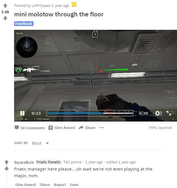 Fnatic Manager Here, Please Delete This — Reddit post about a CS:GO molotov exploit with a self-deprecating 'Fnatic manager here' joke comment.