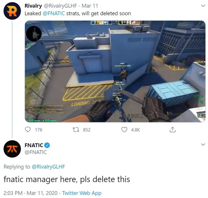 Fnatic Manager Here, Please Delete This — Tweet from the official Fnatic account replying 'fnatic manager here, pls delete this' to Rivalry.gg's leaked strats