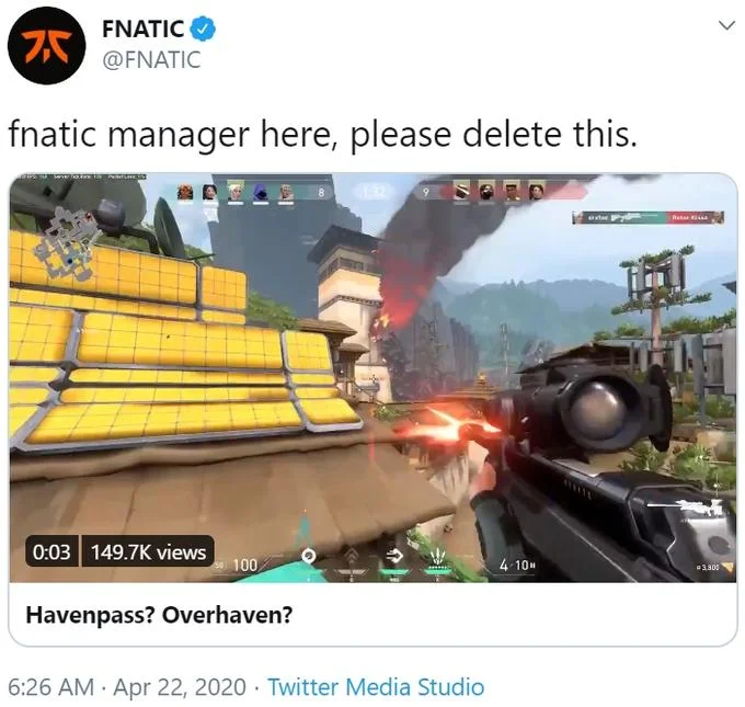 Official Fnatic tweet 'fnatic manager here, please delete this.' quoted over a Valorant gameplay clip.