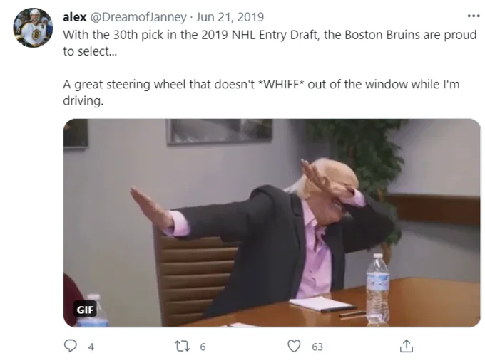 Focus Group Man You Have No Good Car Ideas — Tweet joking about the Boston Bruins drafting a steering wheel, with a GIF of Ruben Rabasa gesturing