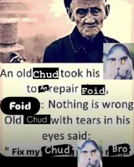 Chud and Foid meme template edited to feature the Folk Valley cat