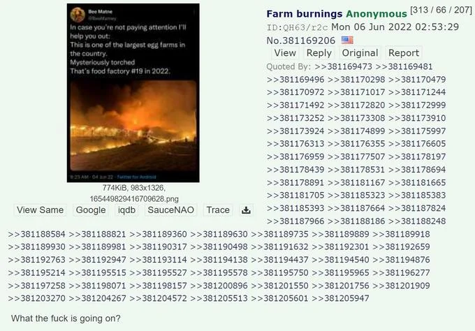 Food Processing Plants Fires Conspiracy Theory — Twitter post about burning egg farm being 19th food facility fire of 2022