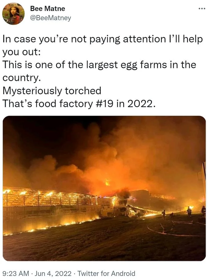 Food Processing Plants Fires Conspiracy Theory — Fast food fight meme comparing major news stories to food plant fires