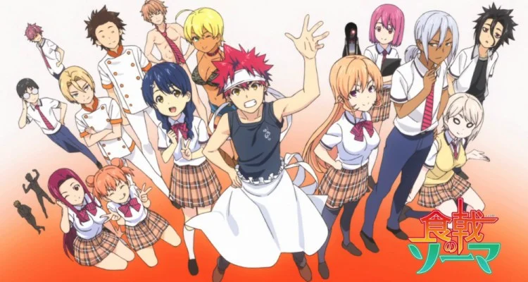 Food Wars Shokugeki no Soma anime cast group promotional artwork with Japanese logo