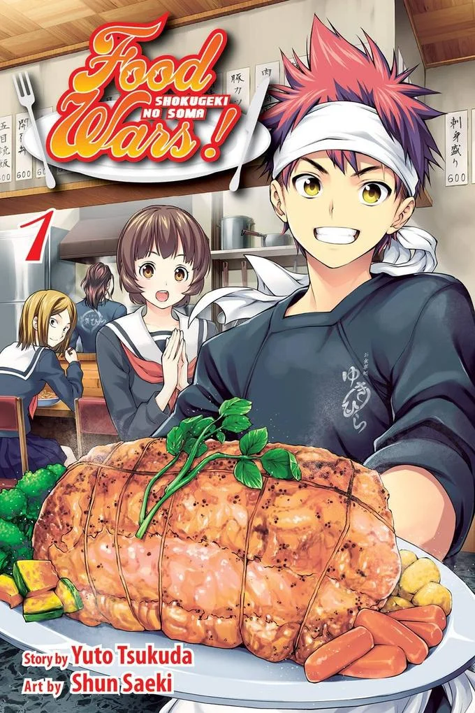 Food Wars Shokugeki no Soma manga volume 1 cover with Soma Yukihira holding roasted meat