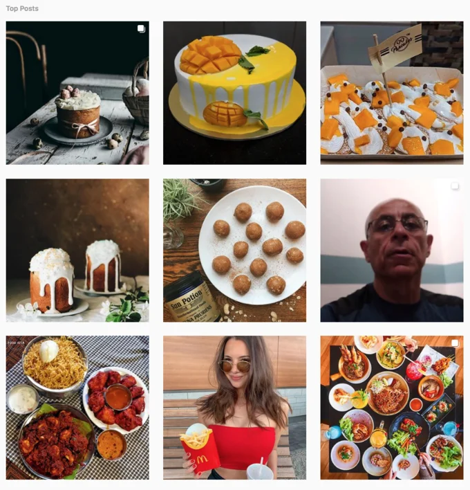 Instagram top posts grid showing food, desserts, and lifestyle photos tagged foodmood.