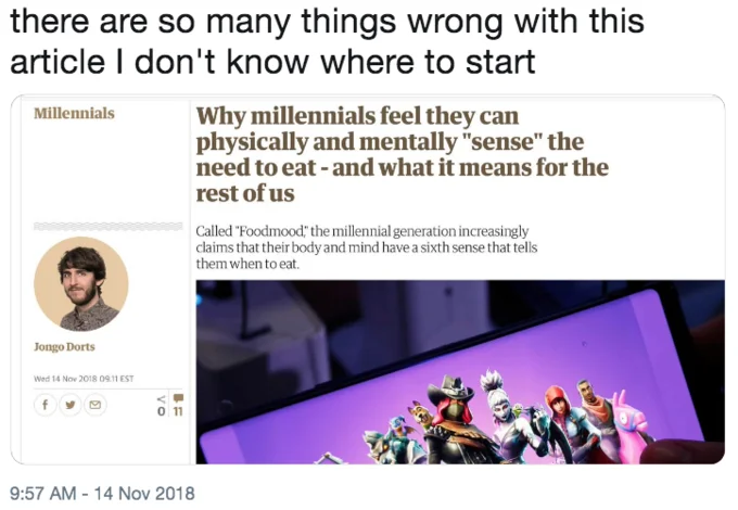 Tweet reacting to the Foodmood Guardian article with the text 'there are so many things wrong with this article.'