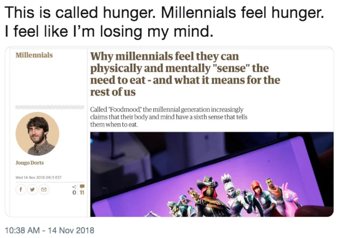 Tweet reacting to the Foodmood article saying 'This is called hunger. Millennials feel hunger.'