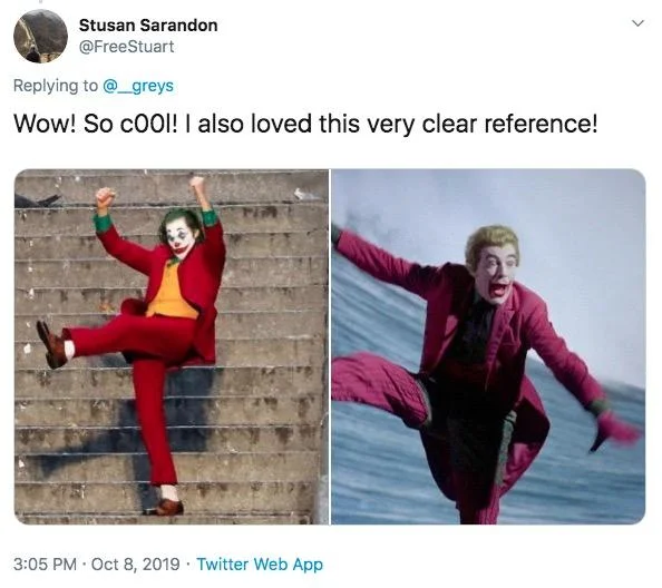 For Those Who Didn't Catch the Reference — Tweet comparing Joaquin Phoenix dancing on stairs with Cesar Romero's Joker.