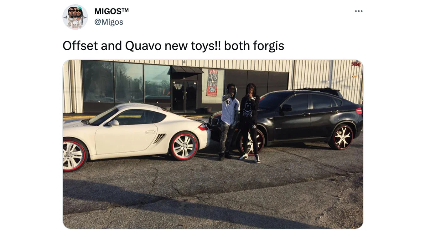 Forgis I Put The New Forgis On The Jeep — Migos tweet showing Offset and Quavo with a white Porsche and black BMW X6 on Forgiato wheels, captioned 'both forgis'