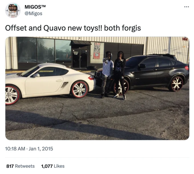 Forgis I Put The New Forgis On The Jeep — Original Migos tweet from January 2015 showing Offset and Quavo with cars on Forgiato rims