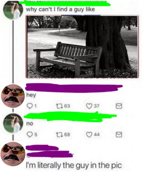 ForsenE — Twitter meme with Forsen avatar replying 'I'm literally the guy in the pic' to a bench photo