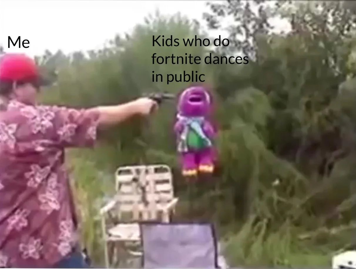 Reaction meme with Barney representing kids doing Fortnite dances.