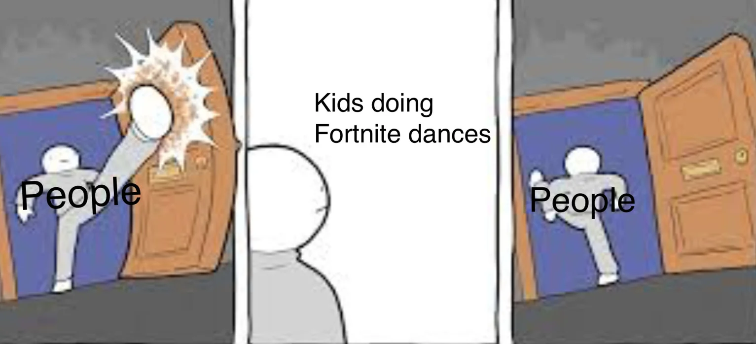 Door perception meme showing divided reactions to kids doing Fortnite dances.