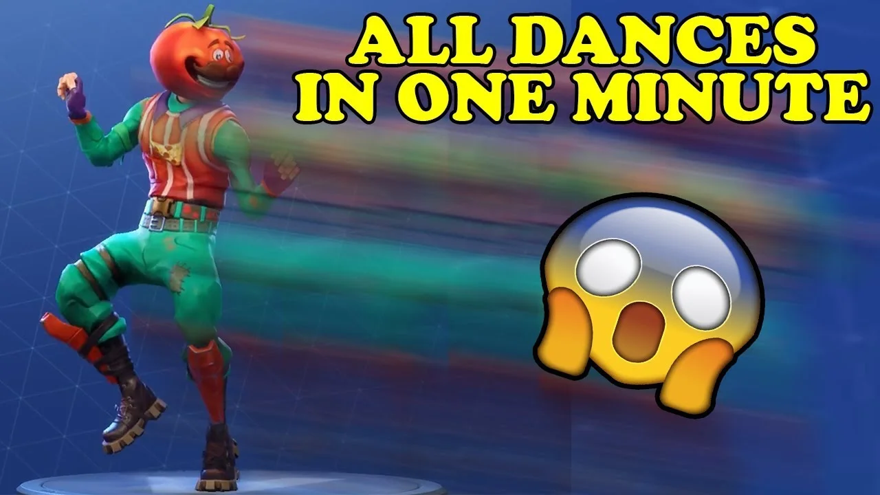 Fortnite Dances — Fortnite character mid-dance with 'ALL DANCES IN ONE MINUTE' caption.