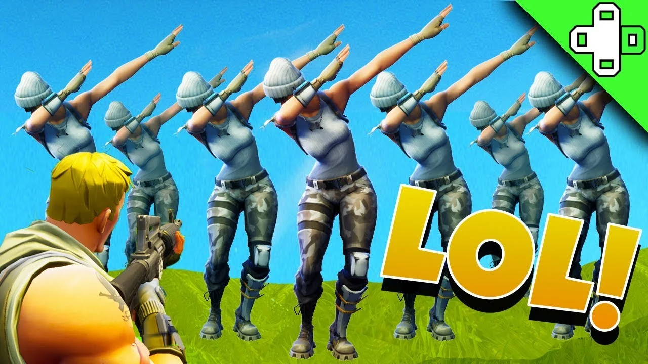 Fortnite Dances — Multiple Fortnite characters performing identical iconic dance move.