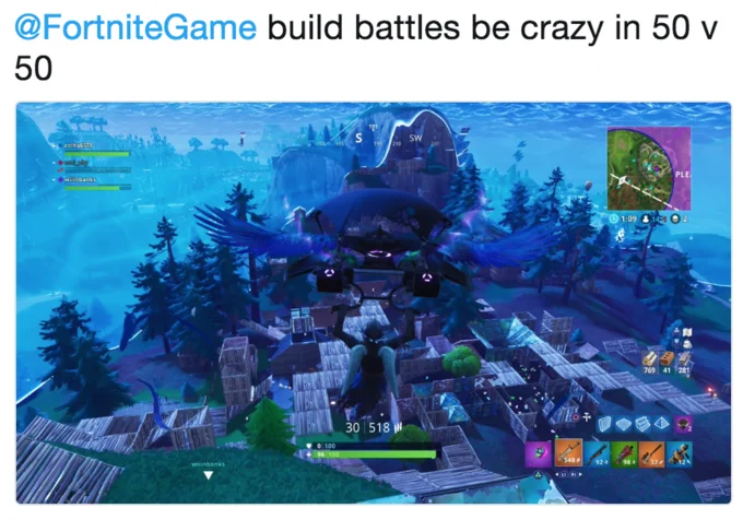 Tweet with Fortnite 50v50 gliding screenshot showing player fortifications