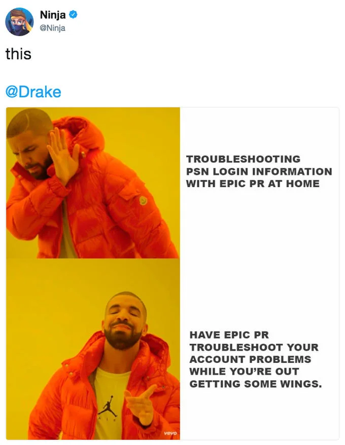 Ninja tweet replying to Drake with a Drake Hotline Bling meme about Epic PR troubleshooting