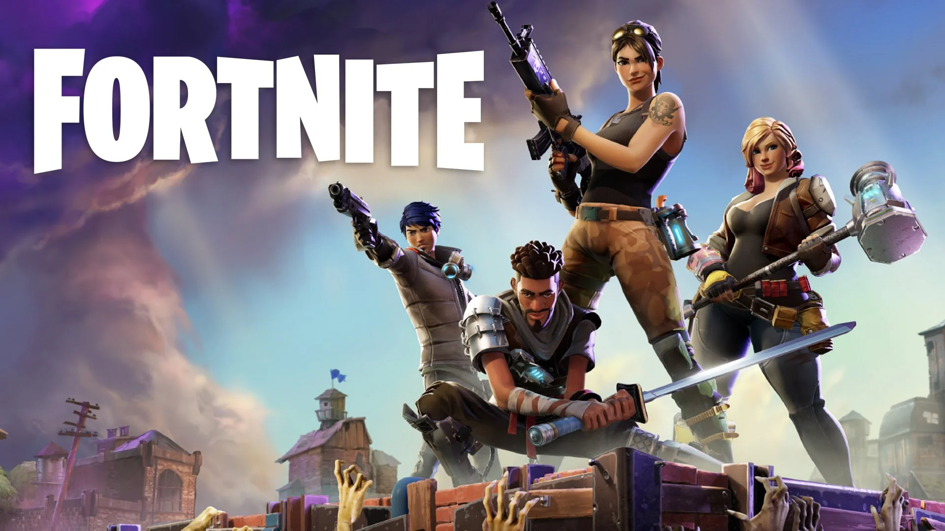 Fortnite promotional key art featuring four characters with weapons and the Fortnite logo