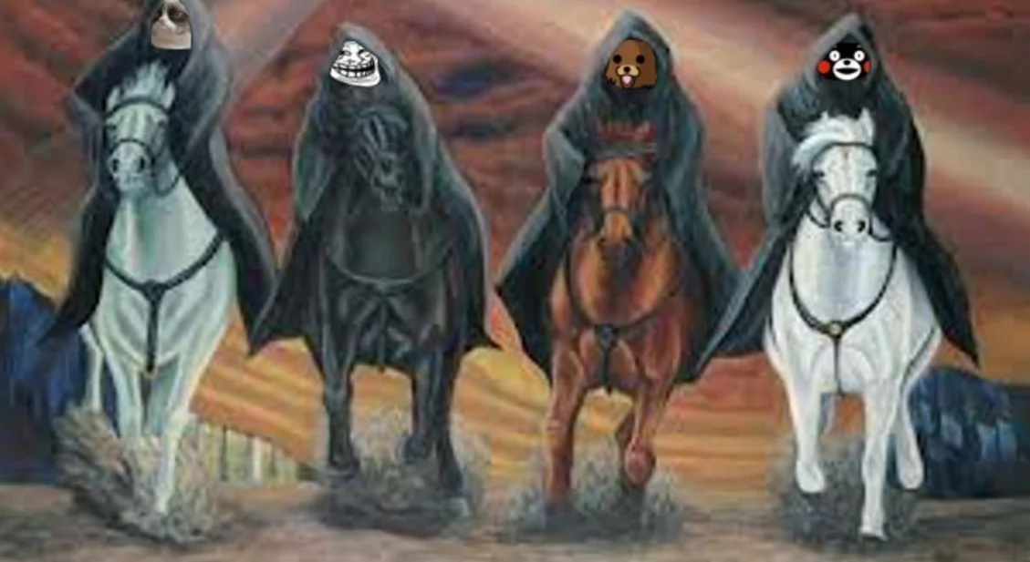 Four Horsemen of the Apocalypse painting with meme faces including Trollface and Pedobear on hooded riders.