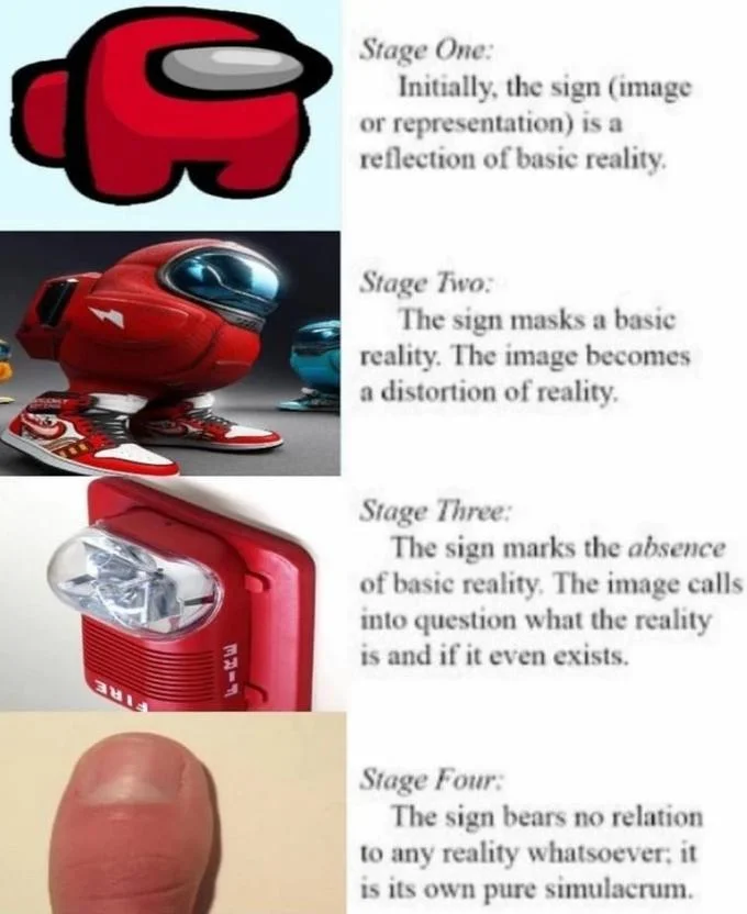 Four Stages Of Simulation — Red-themed progression from Among Us to pure red sphere.