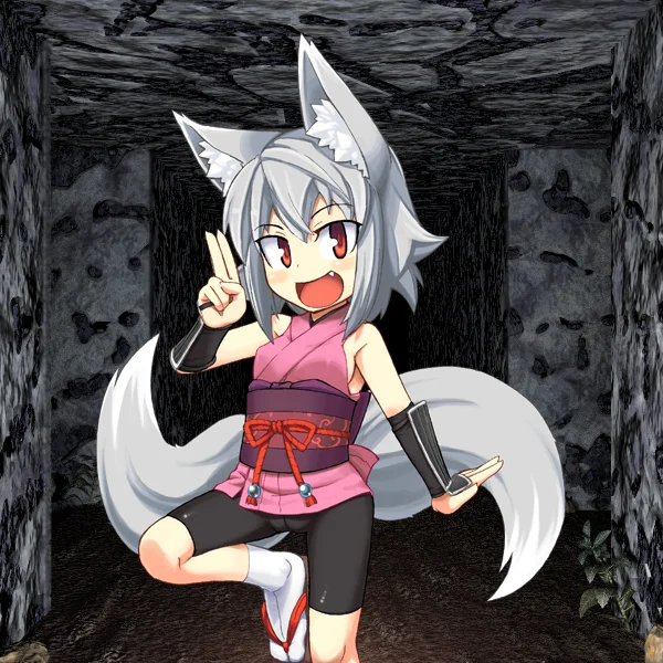 Foxes — Anime fox-girl character with silver hair, fox ears and tails posing with a peace sign.